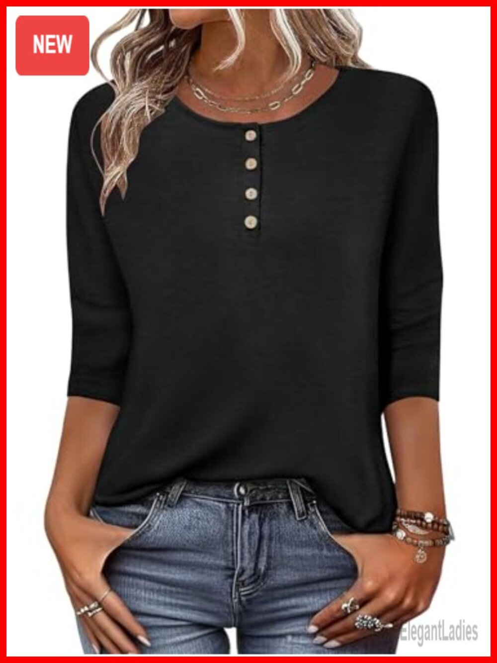 Women's 3/4 Sleeve Button Down Blouse Crew Neck Curved Hem Work Top
